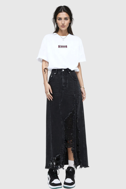 Melany Püsküllü Yüksek Bölme Denim Maxi Etek