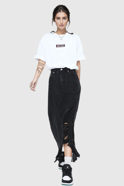 Melany Püsküllü Yüksek Bölme Denim Maxi Etek