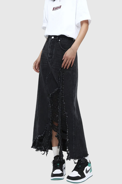 Melany Püsküllü Yüksek Bölme Denim Maxi Etek