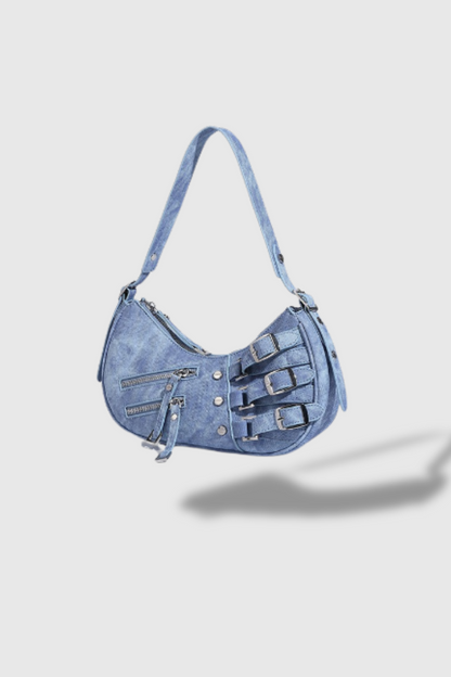 Sara Fermuarlı Denim Çanta Mavi