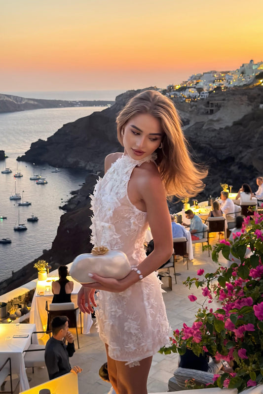 Filippa Çiçek Desenli Dantelli Mini Elbise, Kayısı Rengi